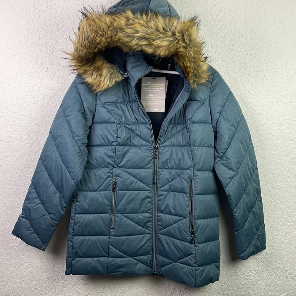 NWT NUAGE Stretch Diagonal Quilted Coat w/Removable Hood Soft Blue Medium